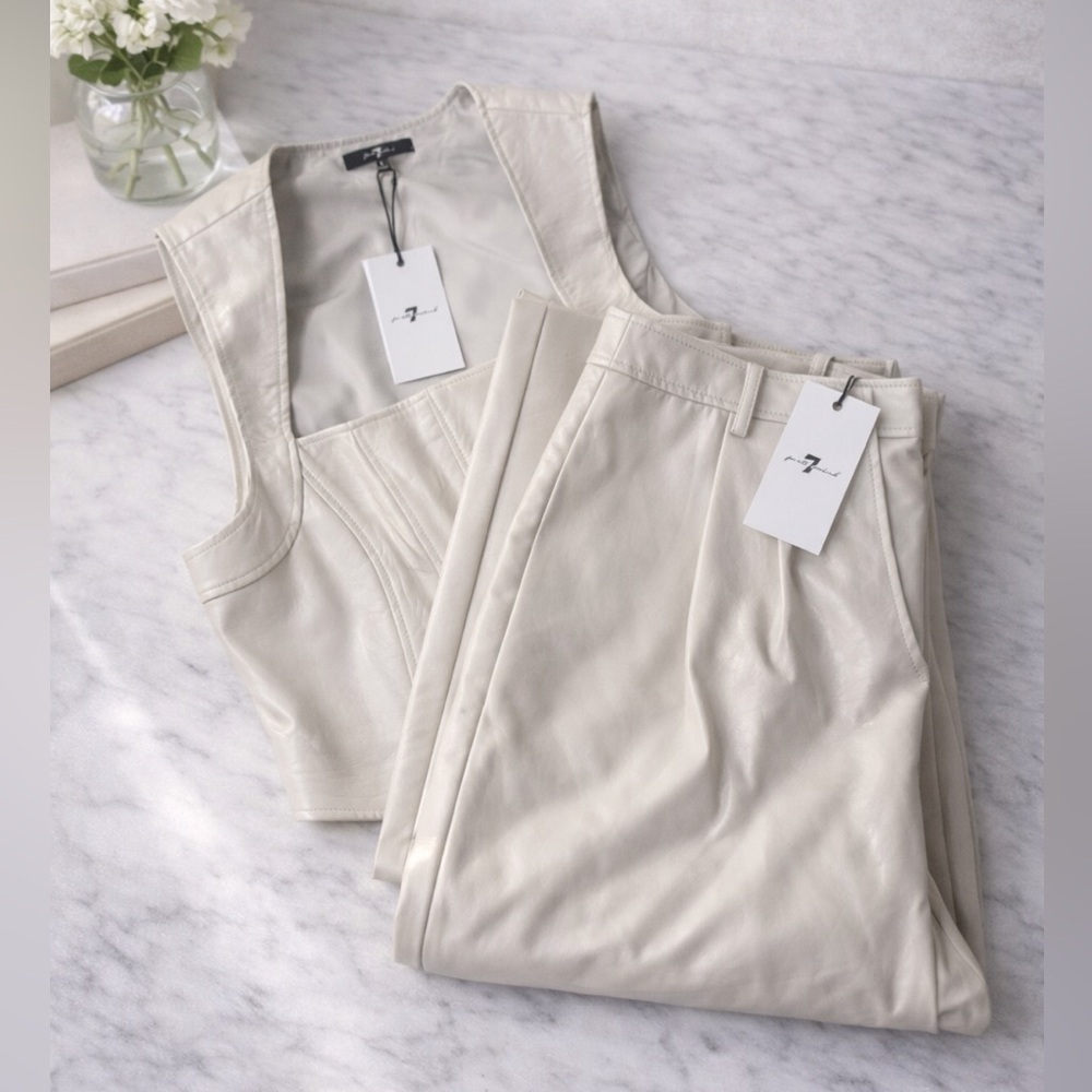 NWT 7 For All Mankind Vegan Leather Corset Vest Wide Leg Pant Set Beige Gray, L